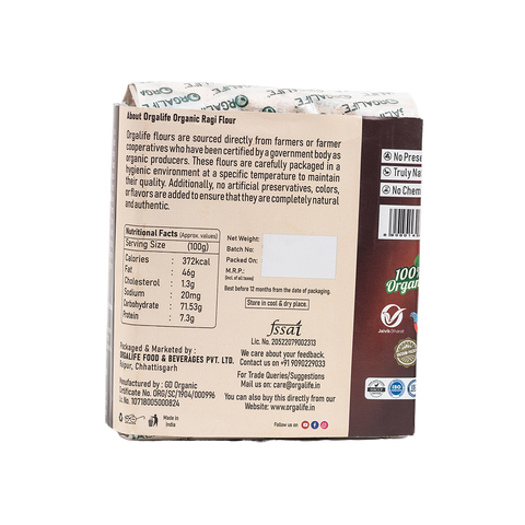 Ragi Nutritional Value [100g] - Carbohydrates - 71.53 g, Potassium - 267 mg, Sugars - 0.6 g, Dietary Fiber - 2.7 g  purchase orgalife best quality and gluten free finger millet Flour [ragi flour] at best value. 